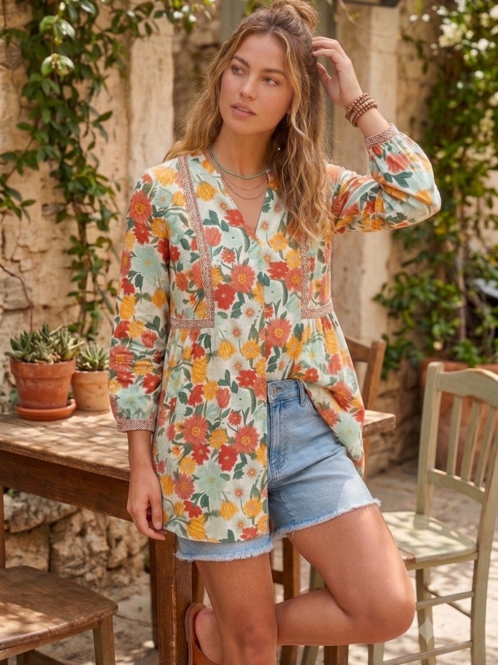 Seasalt Cornwall Organic Cotton “Dragonfly” Floral Button Up Tunic Top US 12 EUC